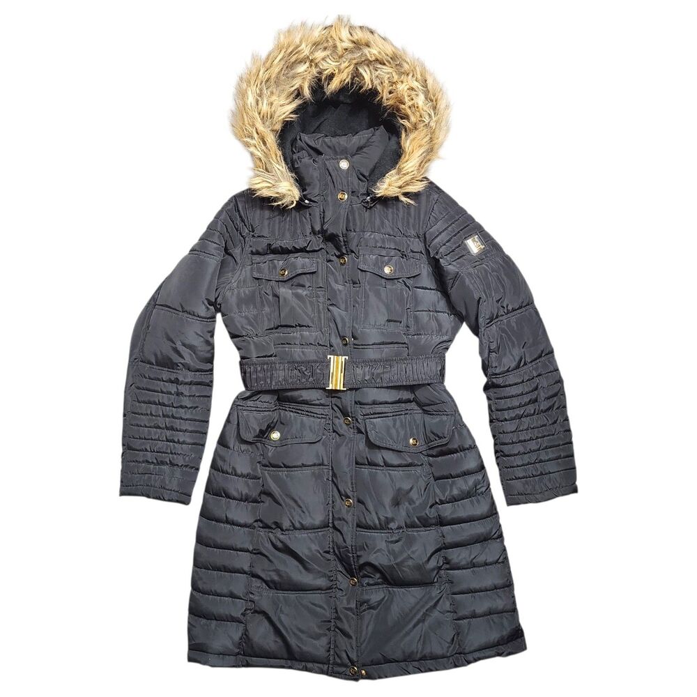 ROCAWEAR Jacket Womens Large Black Puffer Parka Hooded Faux Fur Trim Outdoor Y2K
